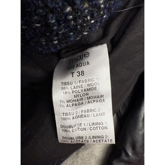 Maje Black Tweed Leather Sleeve Moto Zip Jacket FR 38 US 6 Chic Parisian Style - Picture 12 of 12